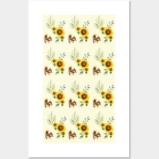 Pattern of Happy Squirrel with Sunflowers and Leaves Posters and Art